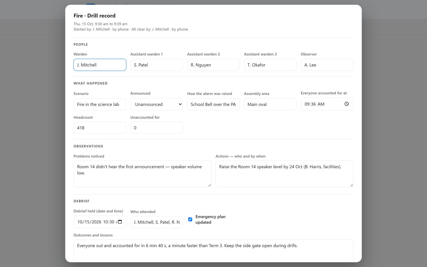The drill record form on the office computer's browser page