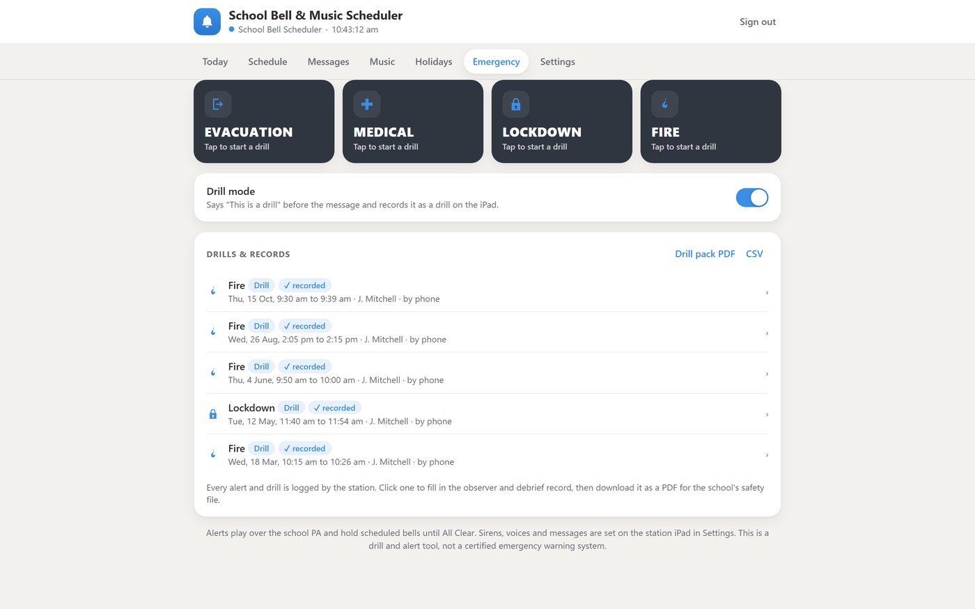 The browser control page: emergency tab with Fire, drill mode and the drill records