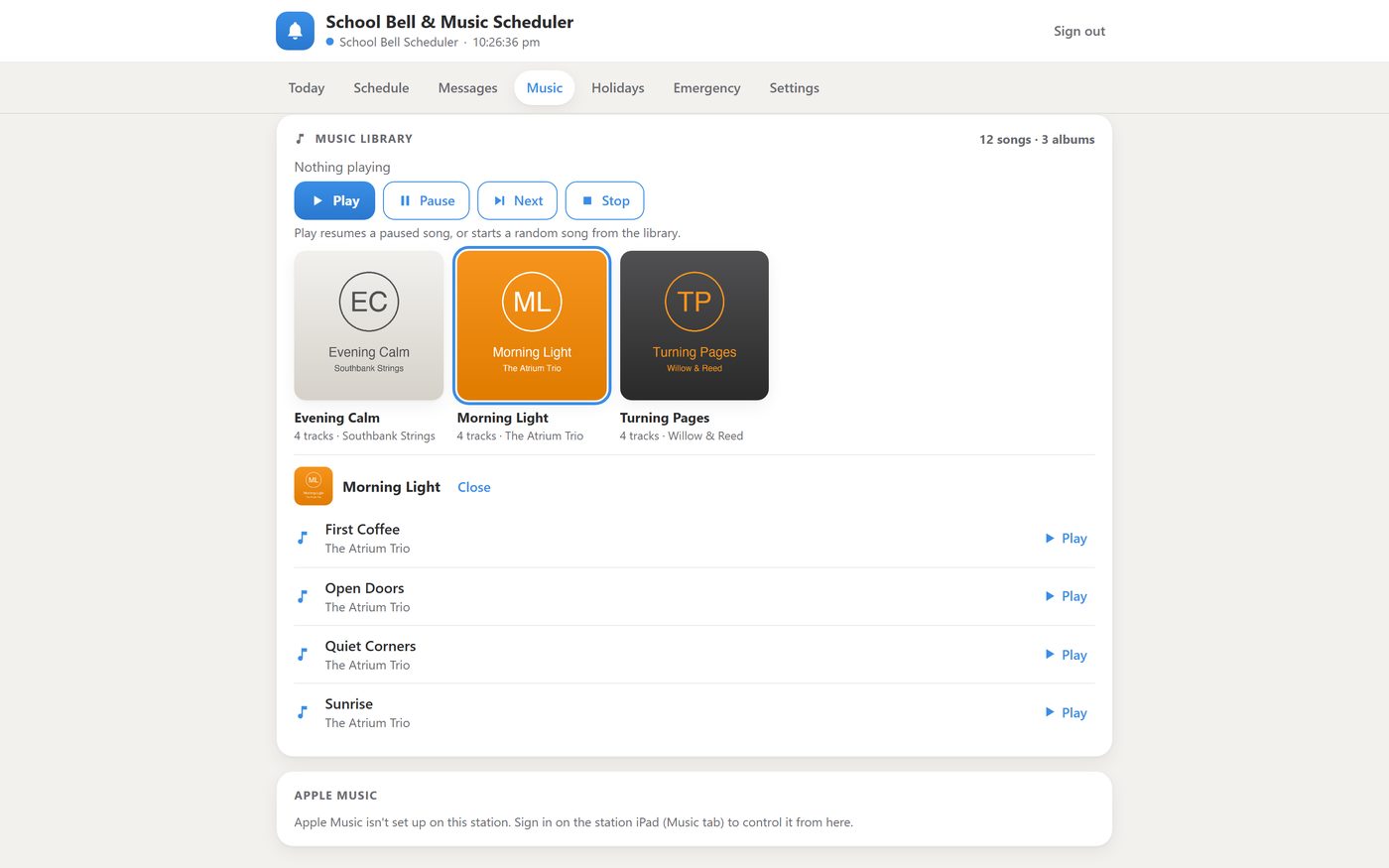 The browser control page: music tab with albums
