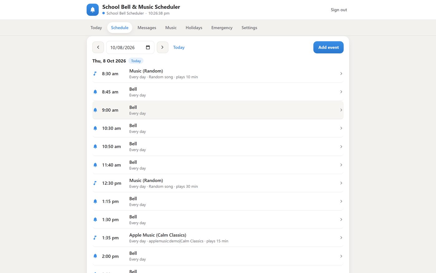 The browser control page: schedule tab