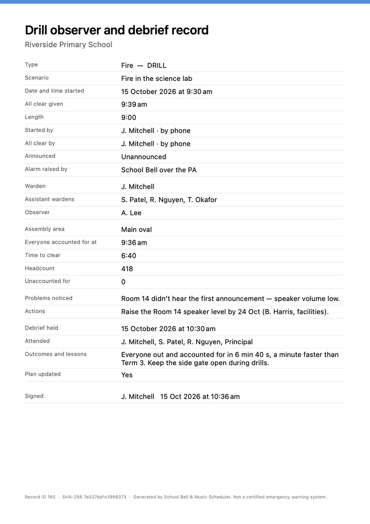 The exported drill observer and debrief record as a PDF