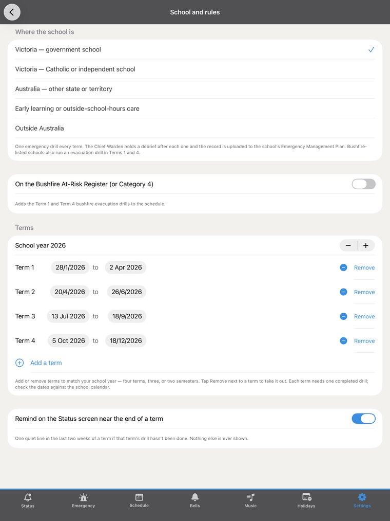 School and rules: region, bushfire register and the term dates with Add a term and Remove