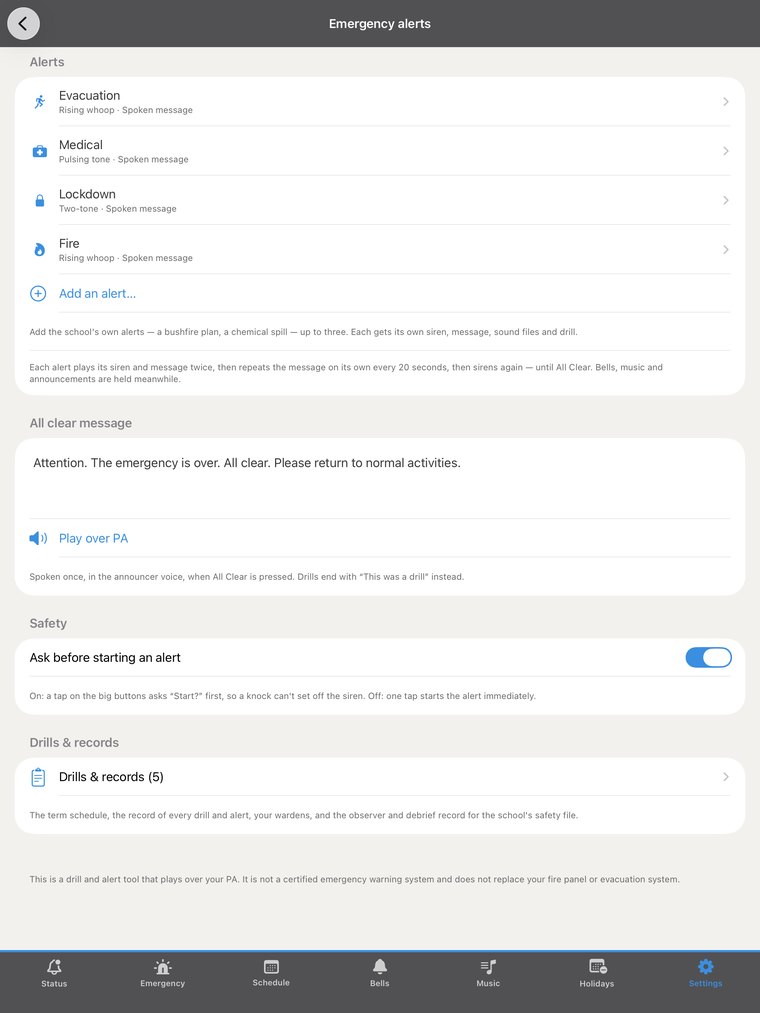 Settings for emergency alerts: each alert including Fire, the all-clear message, and Drills and records