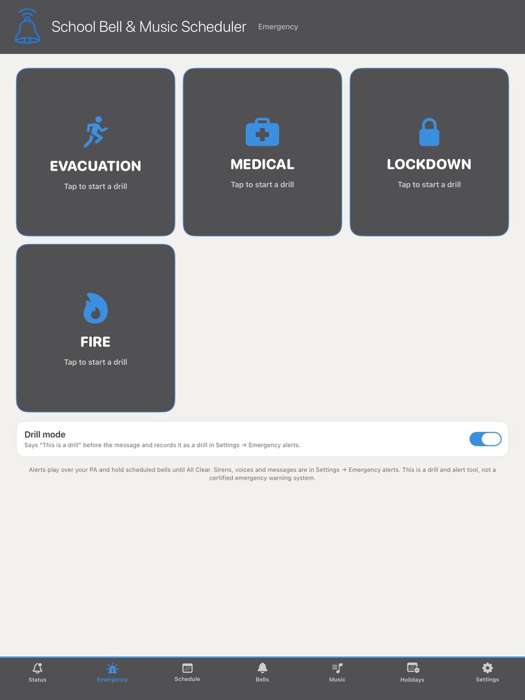 The Emergency tab with Evacuation, Medical, Lockdown and the school's own Fire alert, Drill mode on