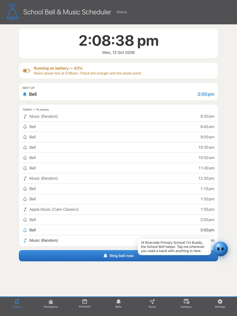 Status screen showing Running on battery — 43%