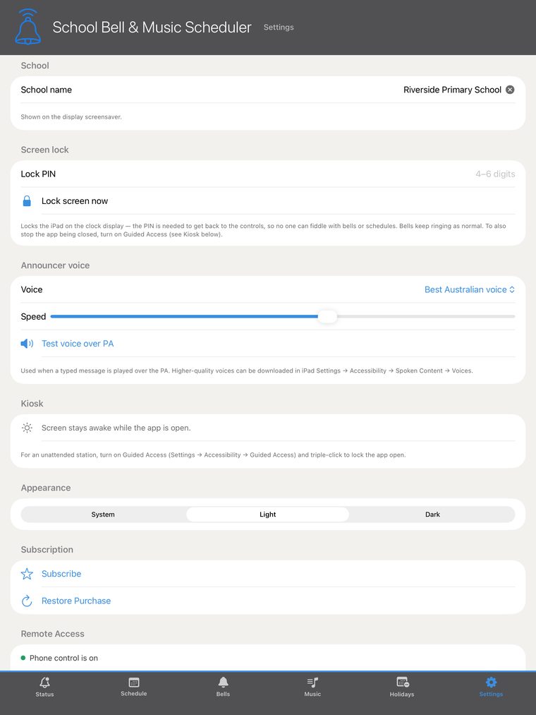 Settings screen