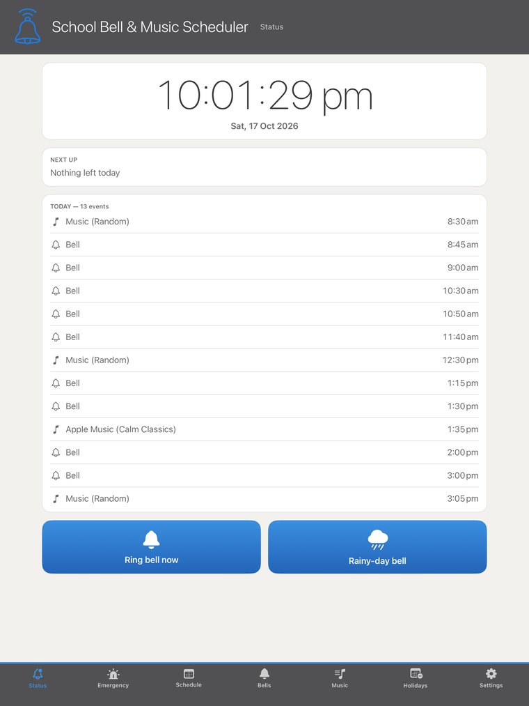 Status screen with the Ring bell now and Rainy-day bell buttons