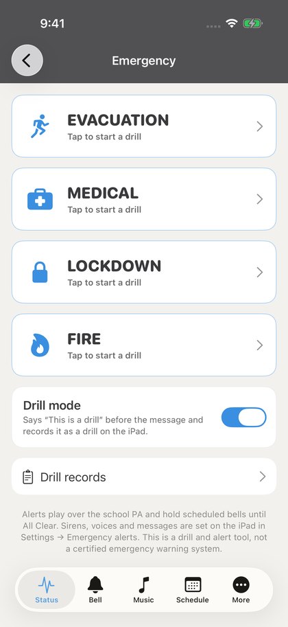 The Emergency screen on a staff iPhone with the Fire alert and Drill mode